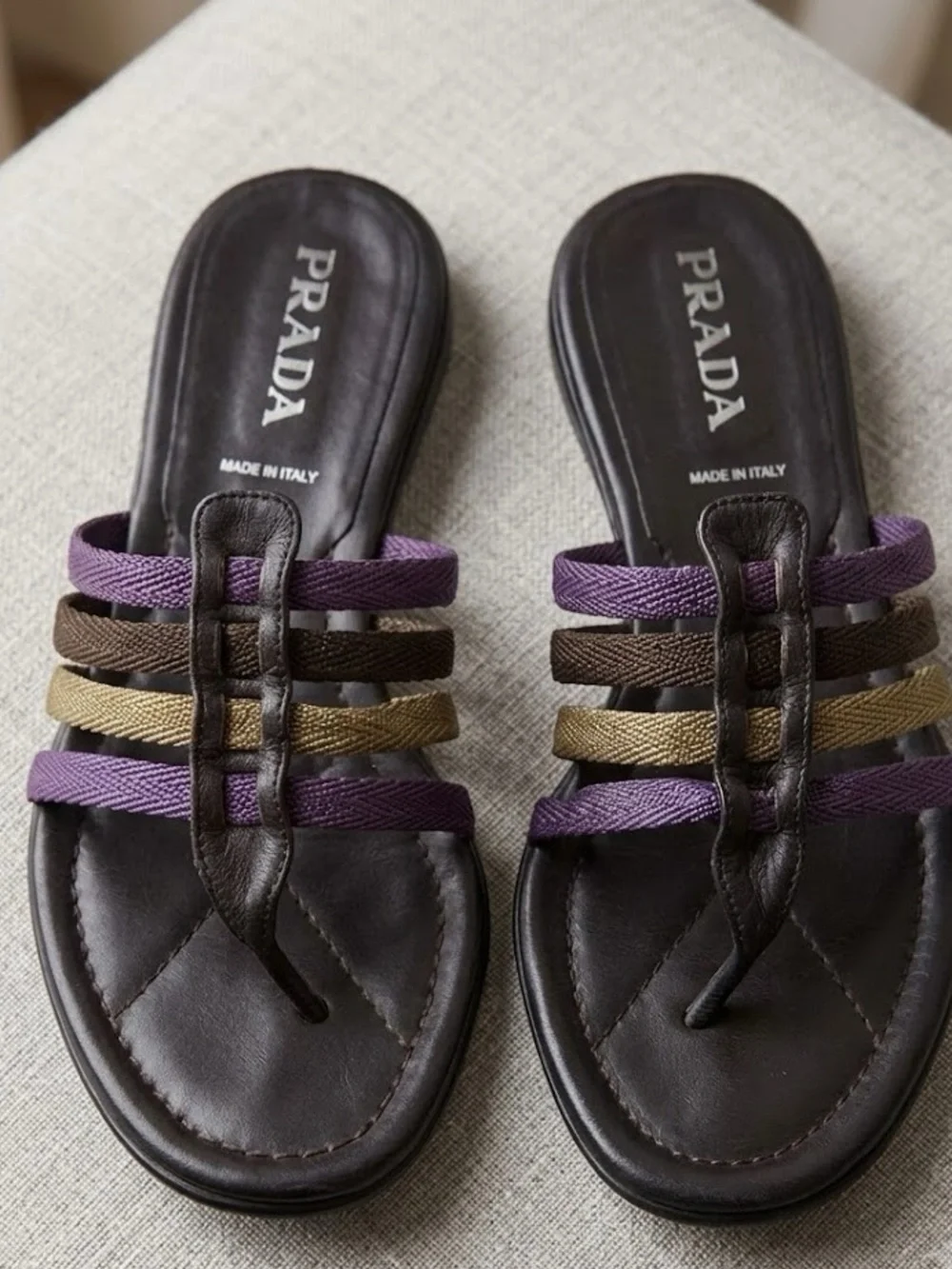Vintage Prada Black Leather Multistrap Slide Sandals Purple and Gold Rope Straps
